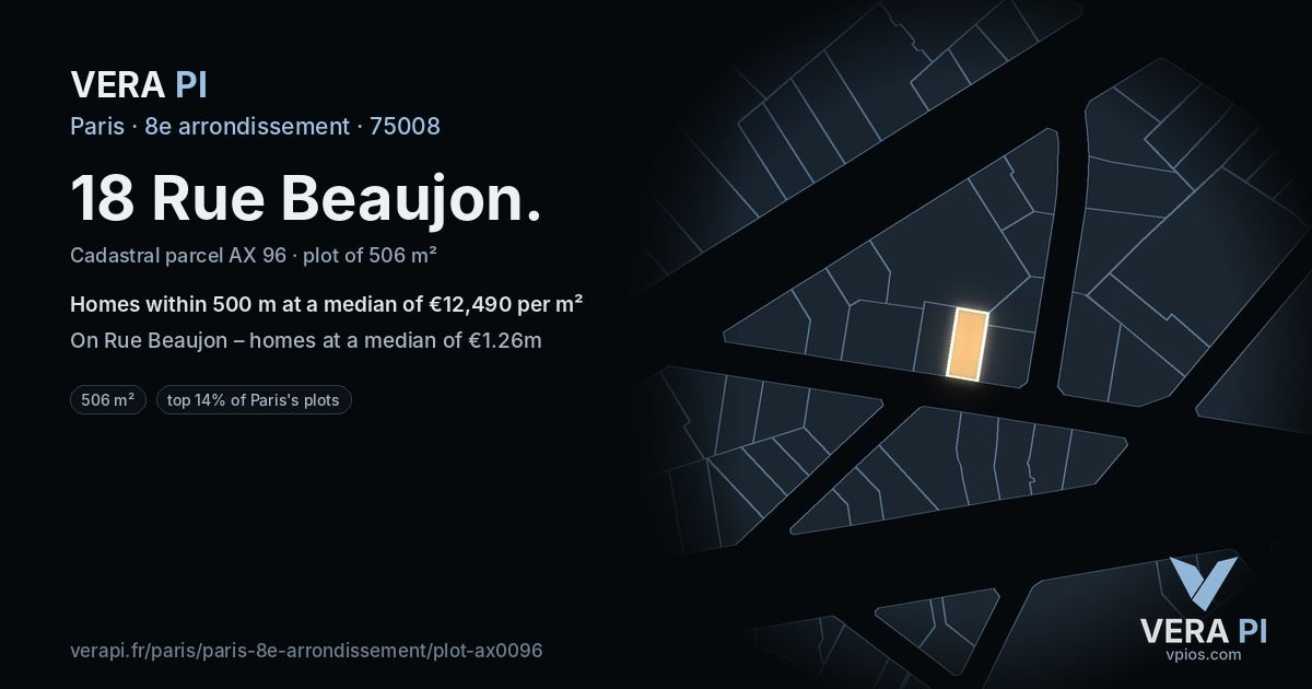 18 Rue Beaujon, 8e arrondissement at night – the plot lit, the parcels around coloured by the prices near them