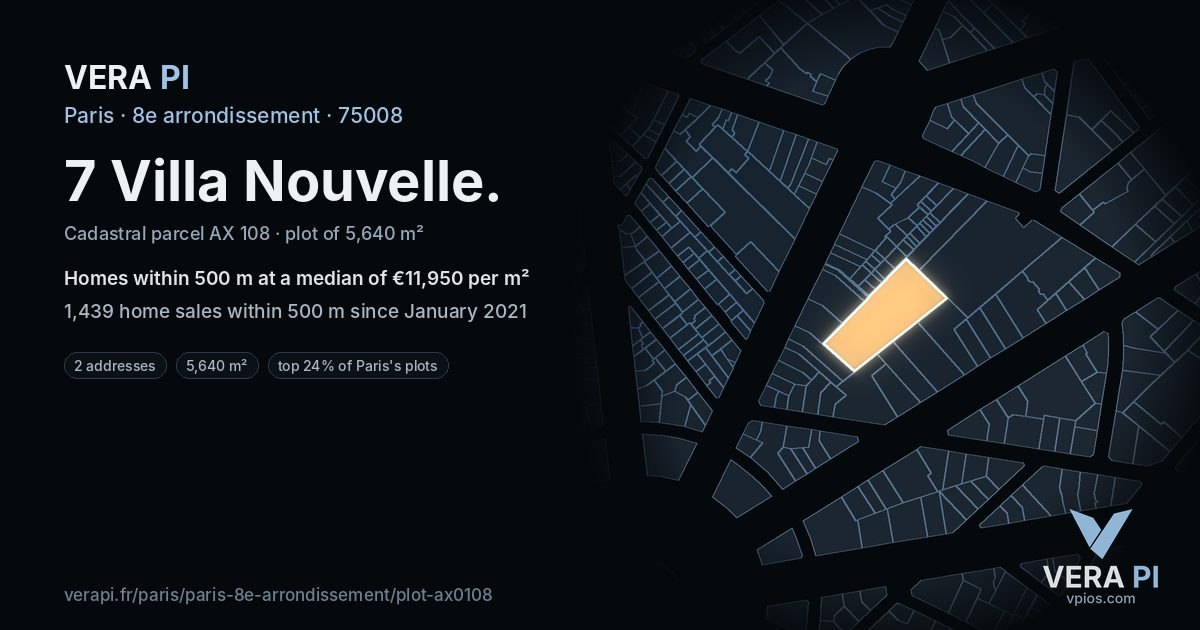 7 Villa Nouvelle, 8e arrondissement at night – the plot lit, the parcels around coloured by the prices near them
