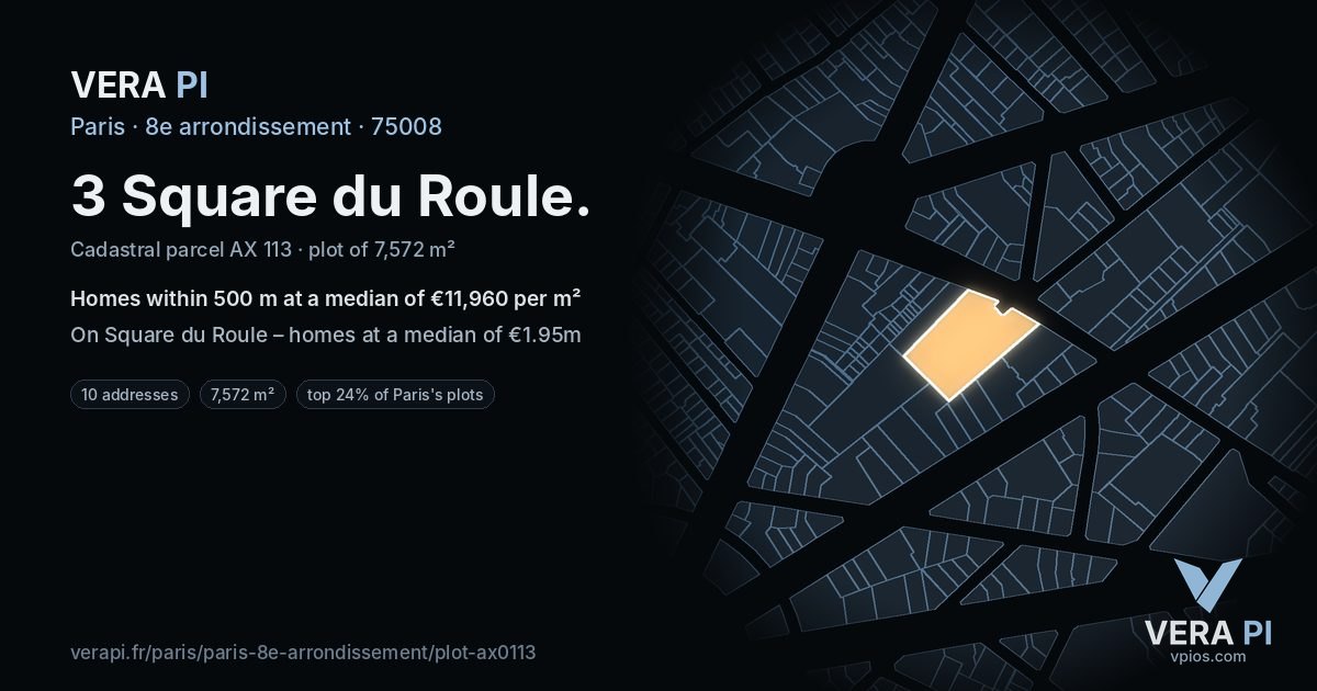 3 Square du Roule, 8e arrondissement at night – the plot lit, the parcels around coloured by the prices near them