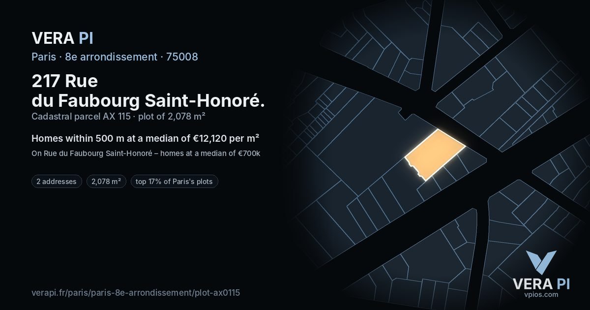 217 Rue du Faubourg Saint-Honoré, 8e arrondissement at night – the plot lit, the parcels around coloured by the prices near them
