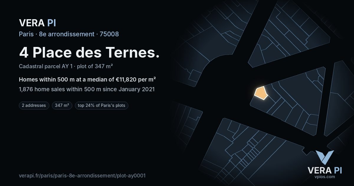 4 Place des Ternes, 8e arrondissement at night – the plot lit, the parcels around coloured by the prices near them