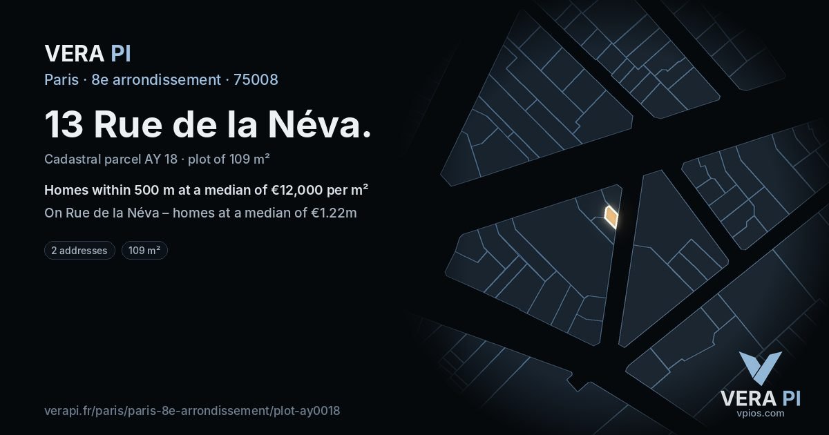 13 Rue de la Néva, 8e arrondissement at night – the plot lit, the parcels around coloured by the prices near them