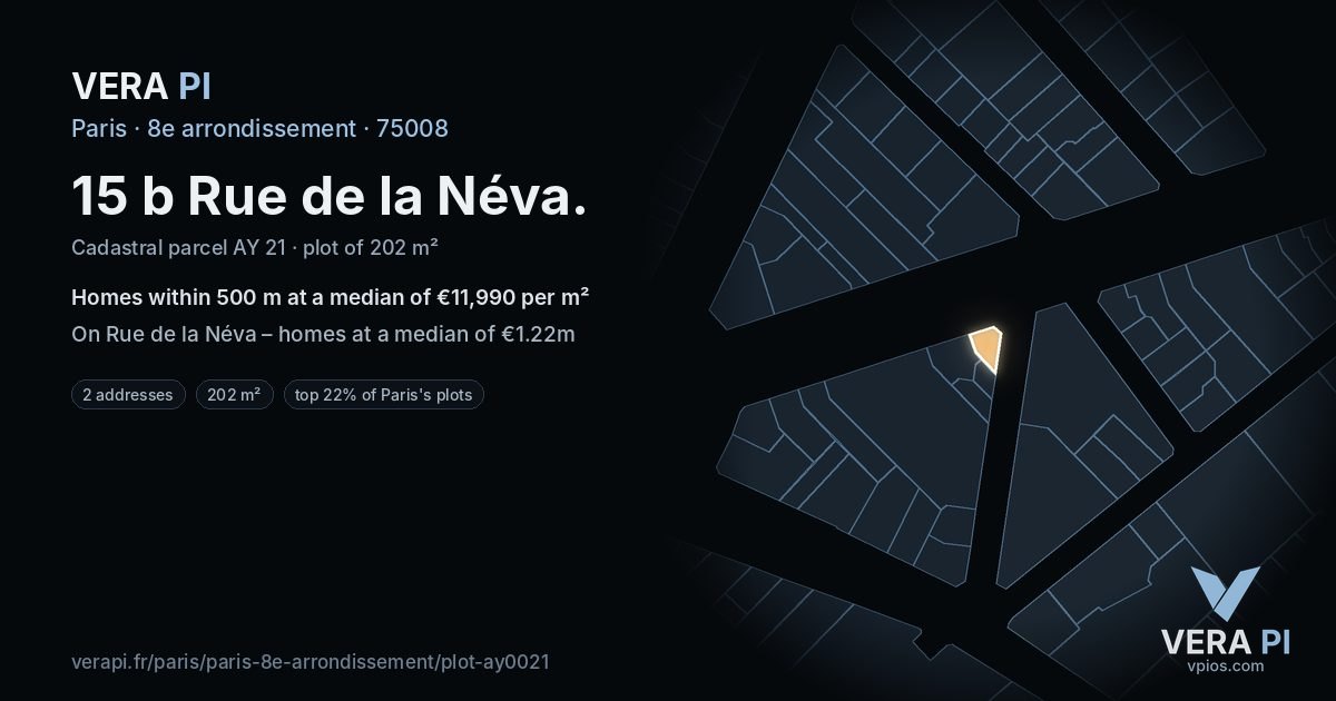 15 b Rue de la Néva, 8e arrondissement at night – the plot lit, the parcels around coloured by the prices near them