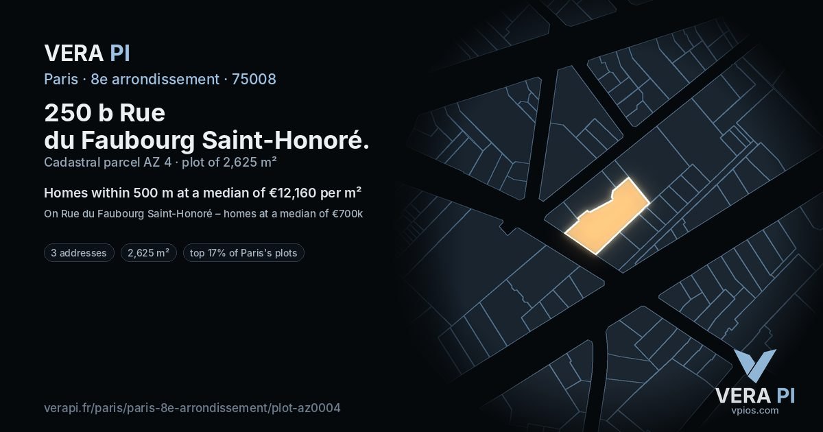 250 b Rue du Faubourg Saint-Honoré, 8e arrondissement at night – the plot lit, the parcels around coloured by the prices near them