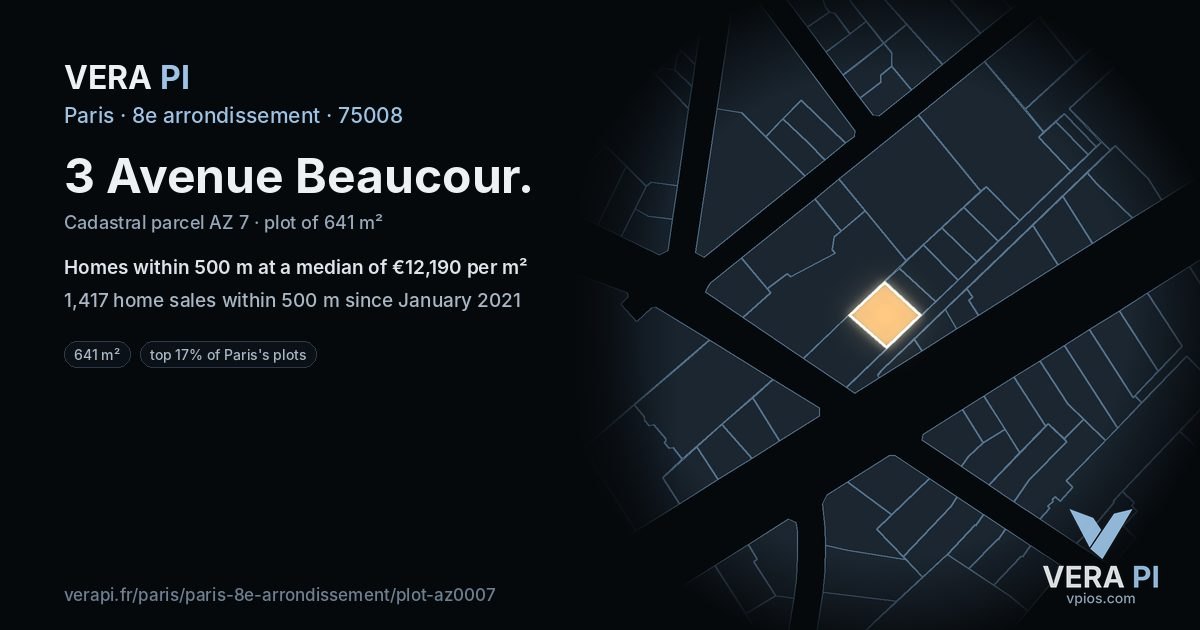 3 Avenue Beaucour, 8e arrondissement at night – the plot lit, the parcels around coloured by the prices near them