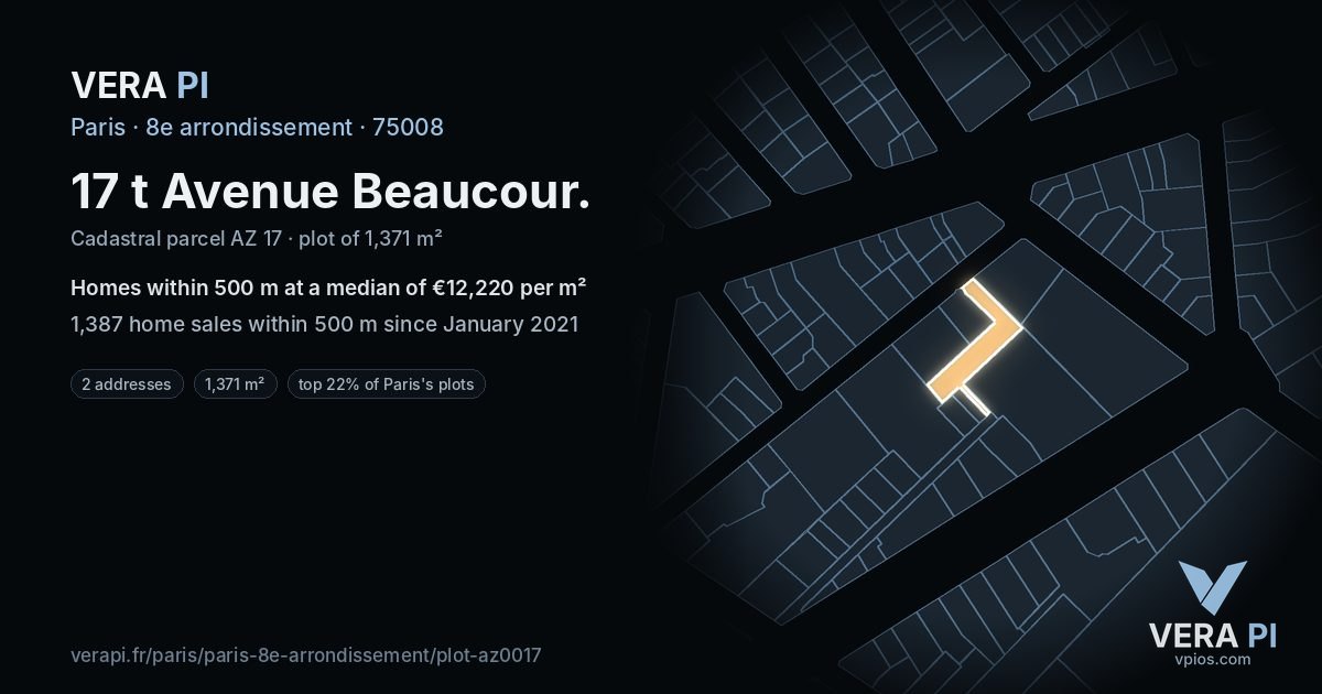 17 t Avenue Beaucour, 8e arrondissement at night – the plot lit, the parcels around coloured by the prices near them