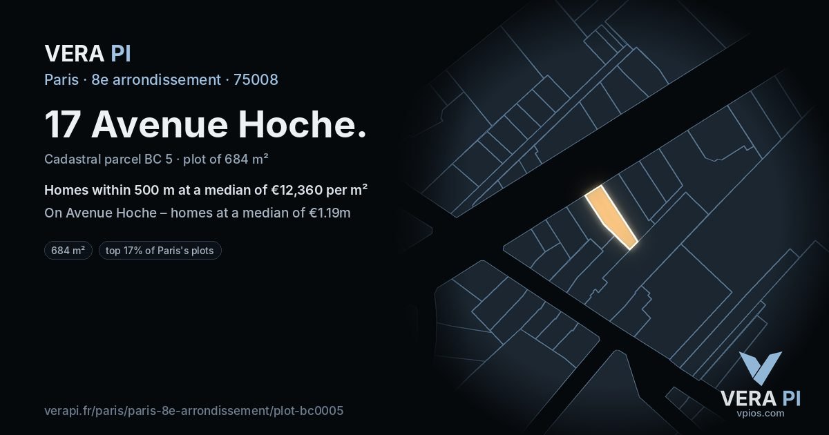 17 Avenue Hoche, 8e arrondissement at night – the plot lit, the parcels around coloured by the prices near them