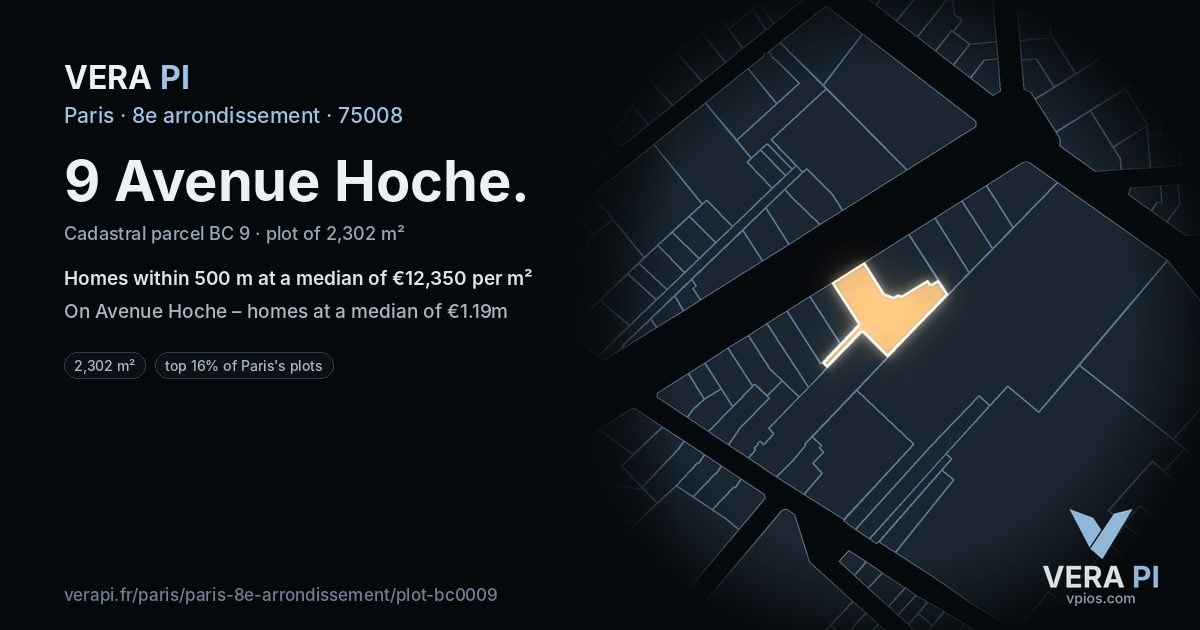 9 Avenue Hoche, 8e arrondissement at night – the plot lit, the parcels around coloured by the prices near them