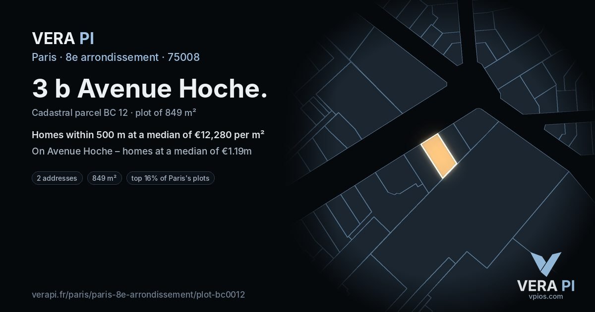 3 b Avenue Hoche, 8e arrondissement at night – the plot lit, the parcels around coloured by the prices near them