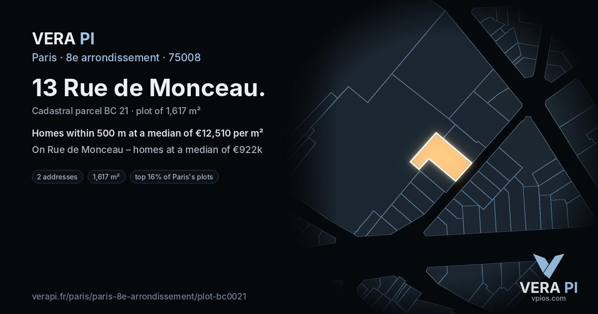 13 Rue de Monceau, 8e arrondissement at night – the plot lit, the parcels around coloured by the prices near them