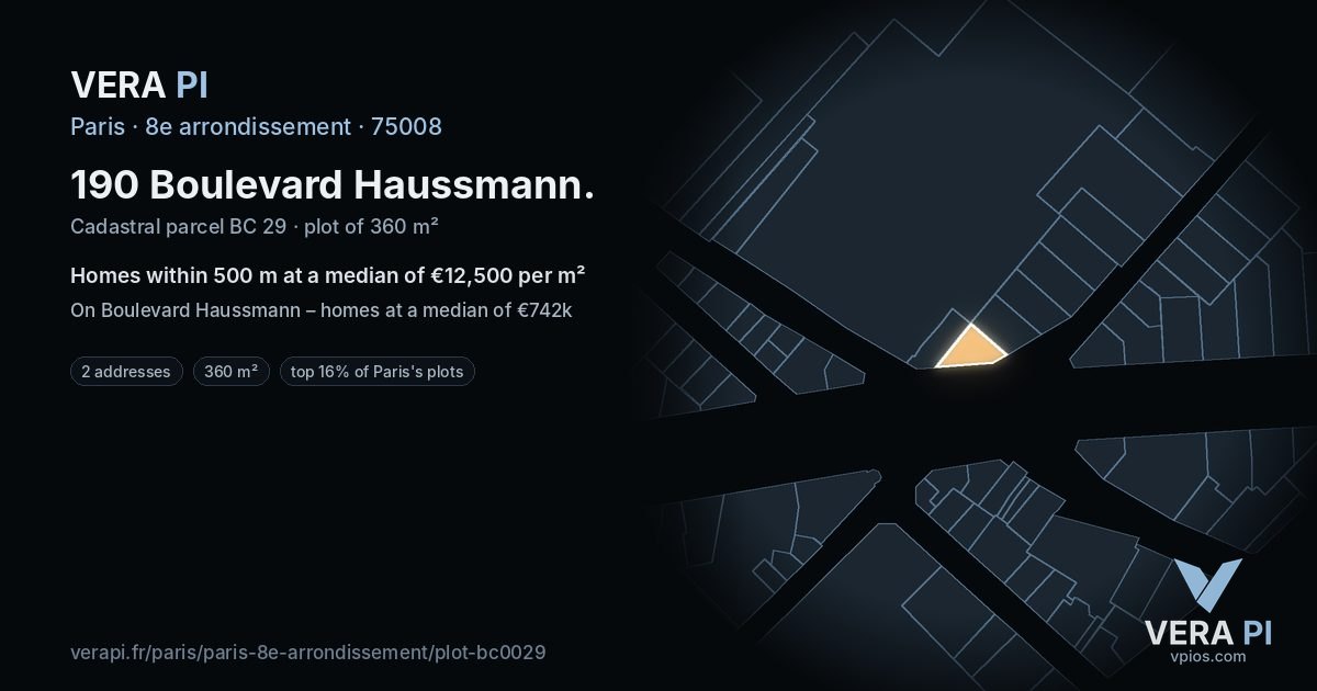 190 Boulevard Haussmann, 8e arrondissement at night – the plot lit, the parcels around coloured by the prices near them