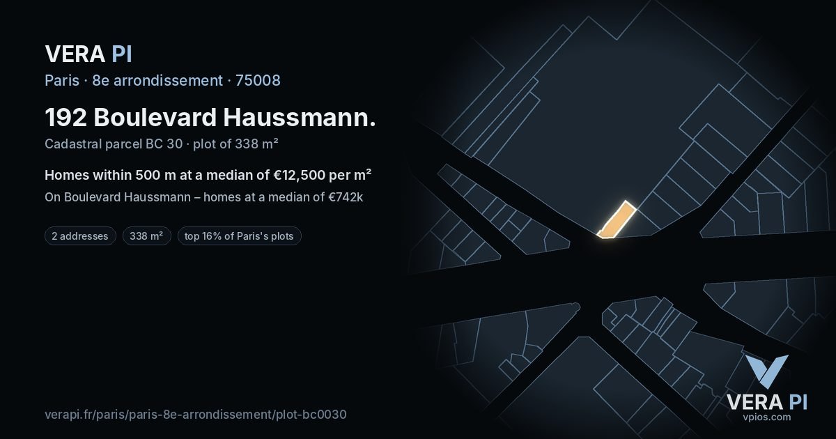 192 Boulevard Haussmann, 8e arrondissement at night – the plot lit, the parcels around coloured by the prices near them