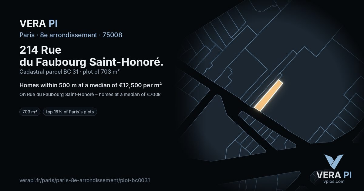 214 Rue du Faubourg Saint-Honoré, 8e arrondissement at night – the plot lit, the parcels around coloured by the prices near them