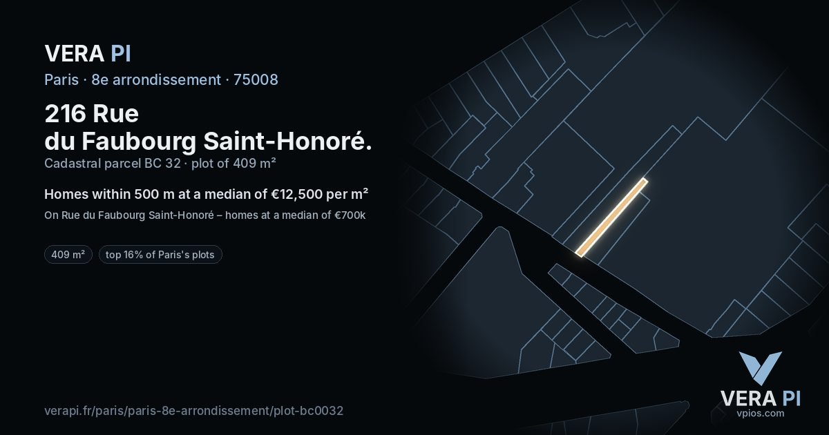 216 Rue du Faubourg Saint-Honoré, 8e arrondissement at night – the plot lit, the parcels around coloured by the prices near them