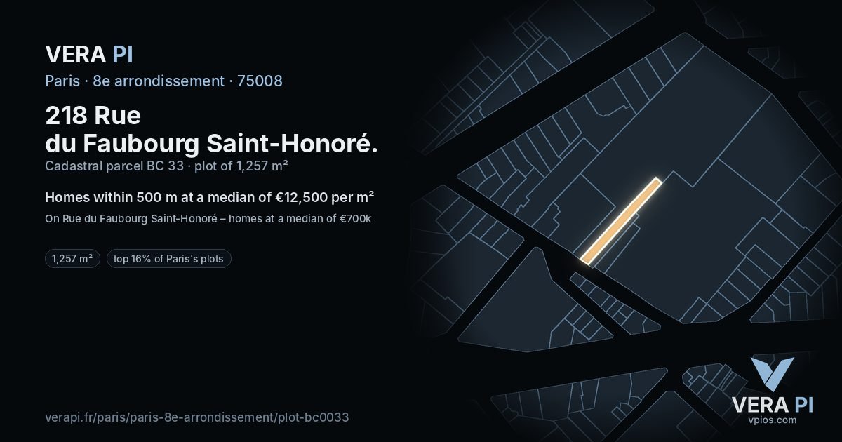 218 Rue du Faubourg Saint-Honoré, 8e arrondissement at night – the plot lit, the parcels around coloured by the prices near them