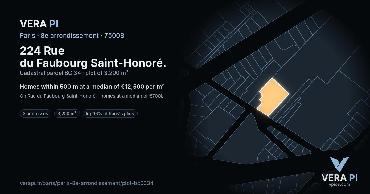 224 Rue du Faubourg Saint-Honoré, 8e arrondissement at night – the plot lit, the parcels around coloured by the prices near them