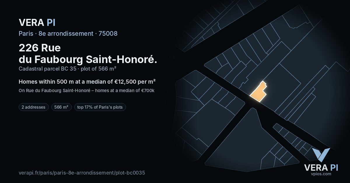 226 Rue du Faubourg Saint-Honoré, 8e arrondissement at night – the plot lit, the parcels around coloured by the prices near them