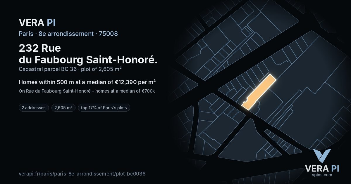 232 Rue du Faubourg Saint-Honoré, 8e arrondissement at night – the plot lit, the parcels around coloured by the prices near them