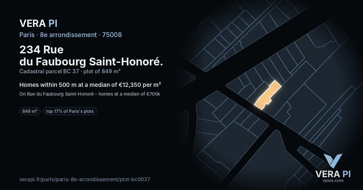 234 Rue du Faubourg Saint-Honoré, 8e arrondissement at night – the plot lit, the parcels around coloured by the prices near them