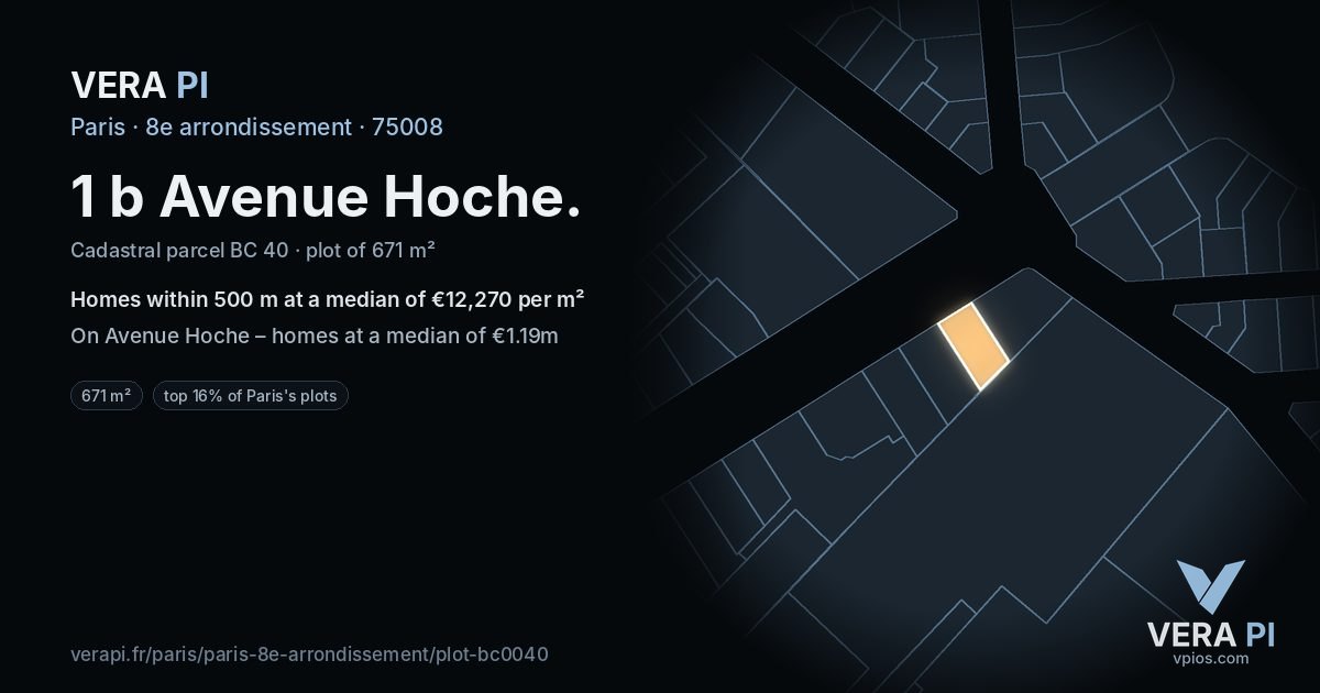1 b Avenue Hoche, 8e arrondissement at night – the plot lit, the parcels around coloured by the prices near them