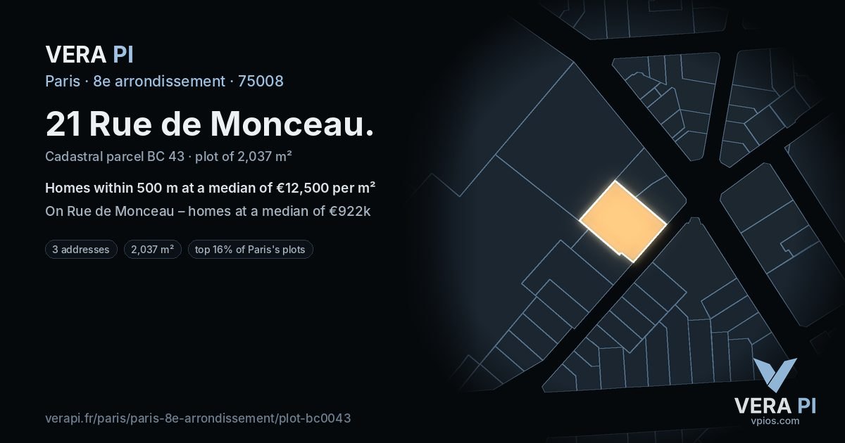 21 Rue de Monceau, 8e arrondissement at night – the plot lit, the parcels around coloured by the prices near them