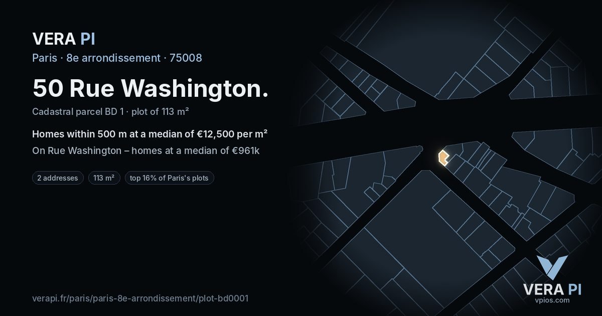 50 Rue Washington, 8e arrondissement at night – the plot lit, the parcels around coloured by the prices near them