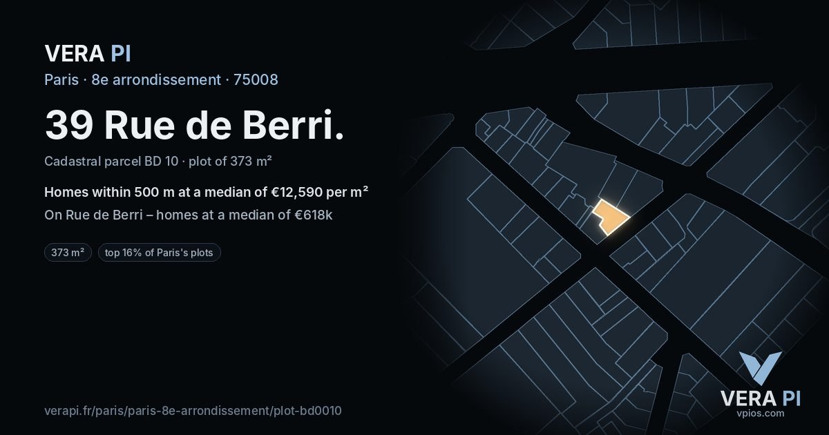 39 Rue de Berri, 8e arrondissement at night – the plot lit, the parcels around coloured by the prices near them