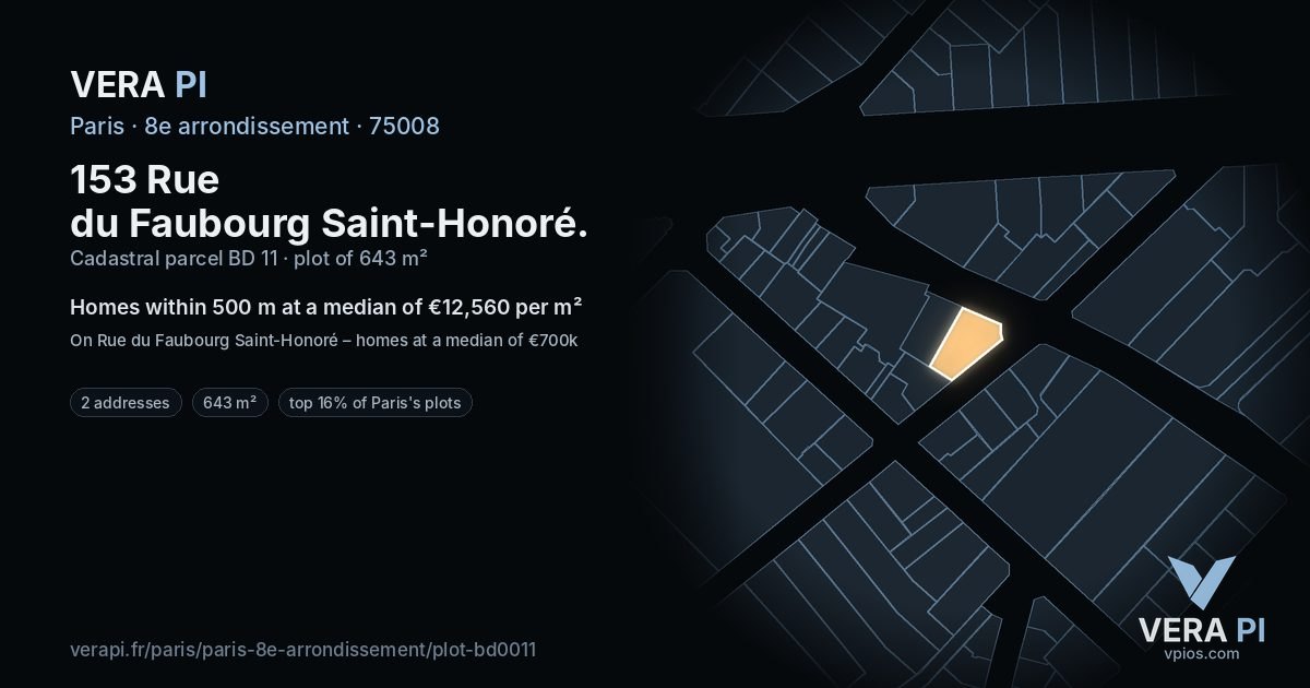 153 Rue du Faubourg Saint-Honoré, 8e arrondissement at night – the plot lit, the parcels around coloured by the prices near them