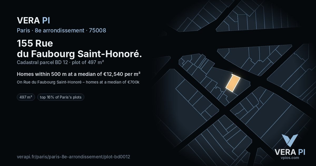 155 Rue du Faubourg Saint-Honoré, 8e arrondissement at night – the plot lit, the parcels around coloured by the prices near them