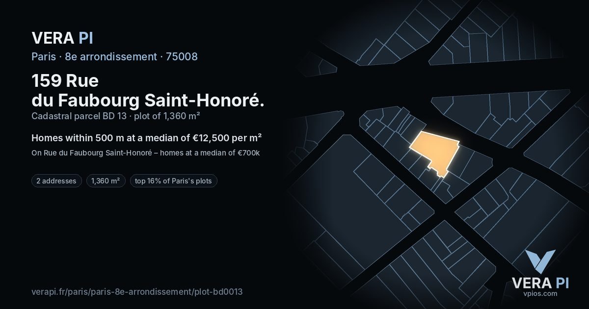 159 Rue du Faubourg Saint-Honoré, 8e arrondissement at night – the plot lit, the parcels around coloured by the prices near them