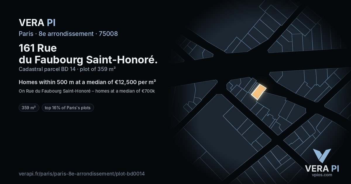 161 Rue du Faubourg Saint-Honoré, 8e arrondissement at night – the plot lit, the parcels around coloured by the prices near them