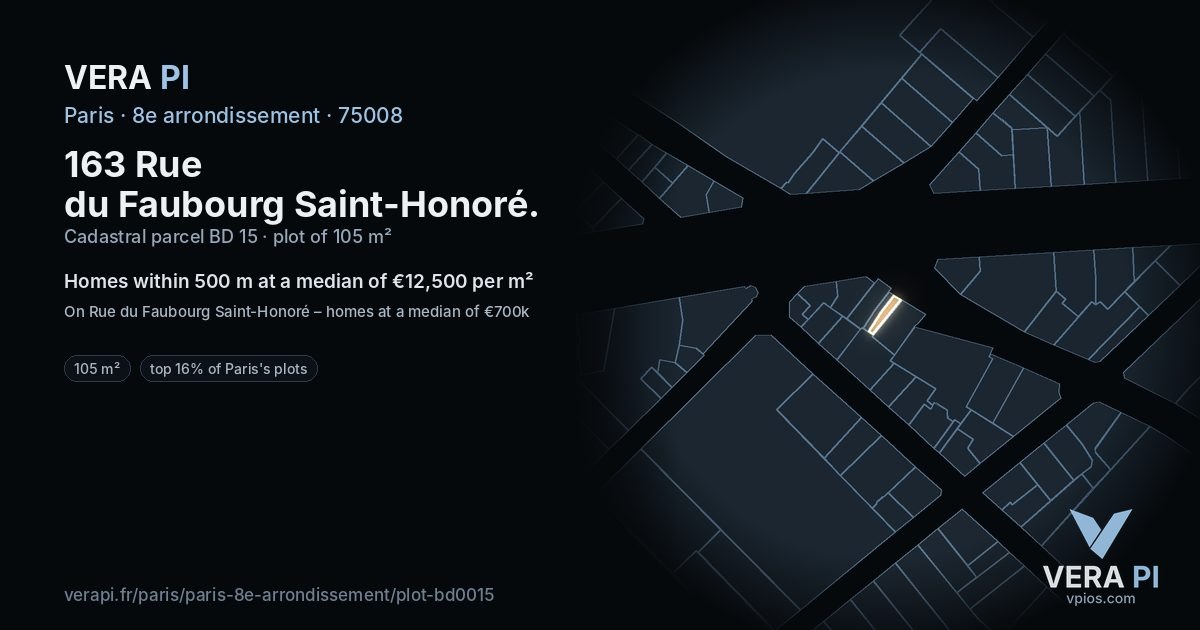 163 Rue du Faubourg Saint-Honoré, 8e arrondissement at night – the plot lit, the parcels around coloured by the prices near them