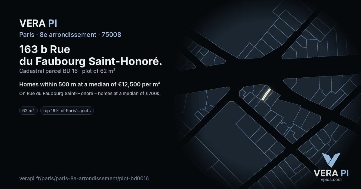 163 b Rue du Faubourg Saint-Honoré, 8e arrondissement at night – the plot lit, the parcels around coloured by the prices near them