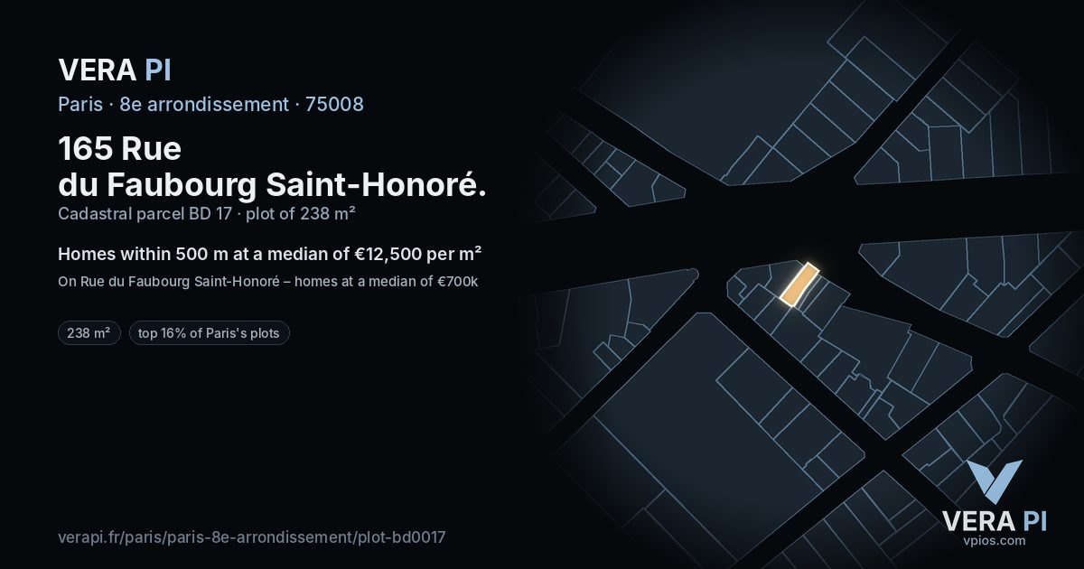 165 Rue du Faubourg Saint-Honoré, 8e arrondissement at night – the plot lit, the parcels around coloured by the prices near them