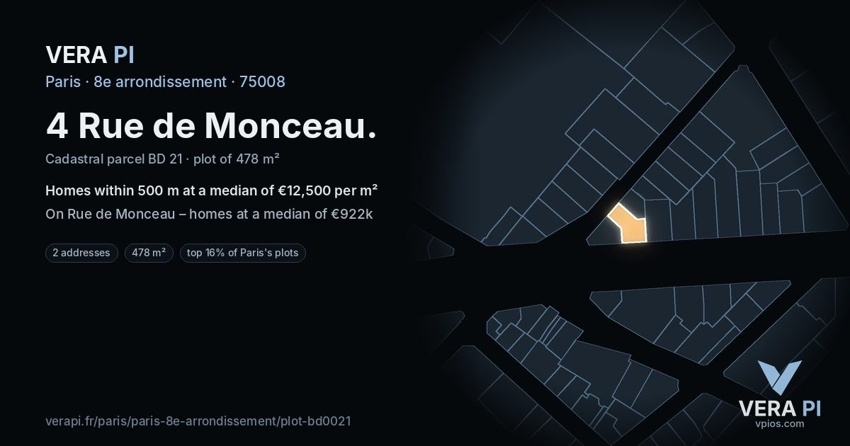 4 Rue de Monceau, 8e arrondissement at night – the plot lit, the parcels around coloured by the prices near them