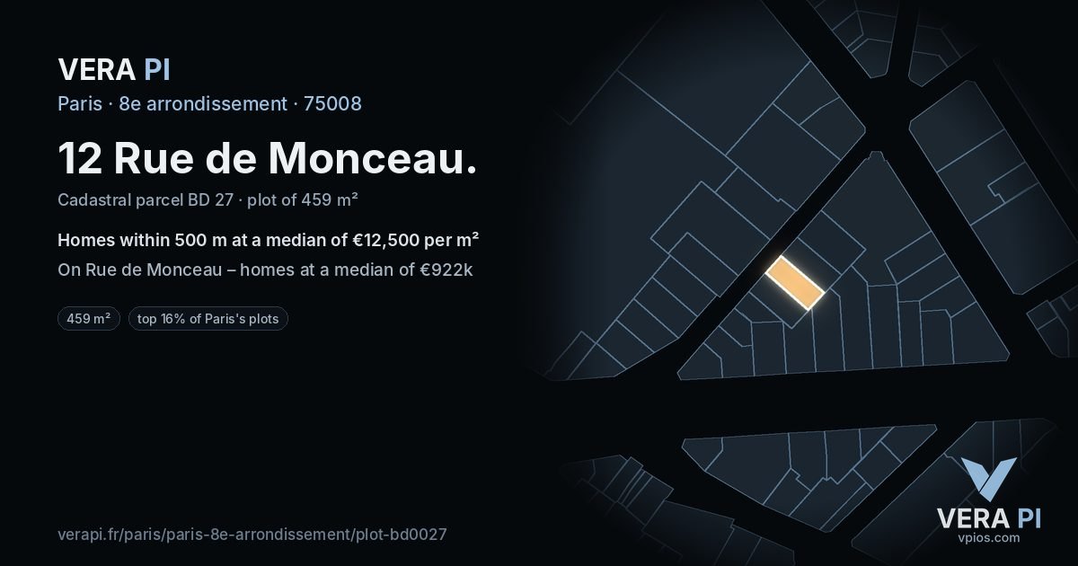 12 Rue de Monceau, 8e arrondissement at night – the plot lit, the parcels around coloured by the prices near them