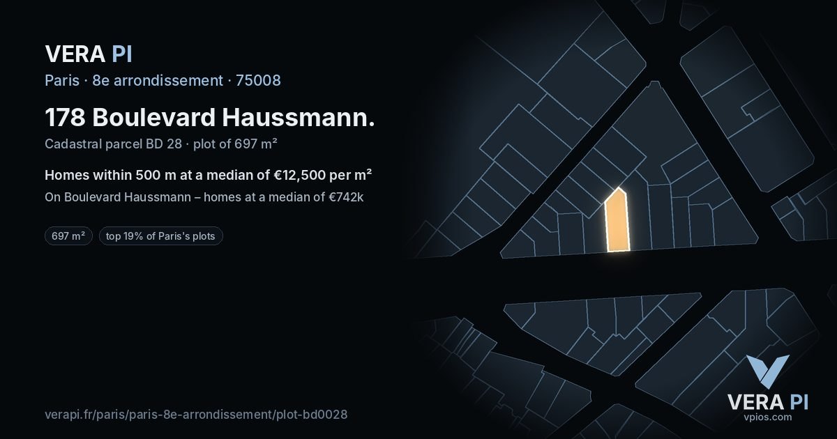 178 Boulevard Haussmann, 8e arrondissement at night – the plot lit, the parcels around coloured by the prices near them