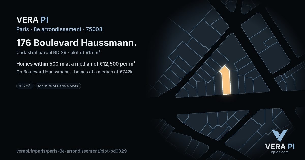 176 Boulevard Haussmann, 8e arrondissement at night – the plot lit, the parcels around coloured by the prices near them