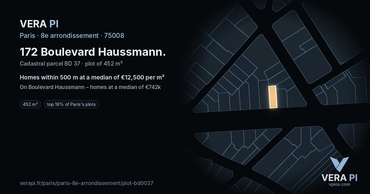 172 Boulevard Haussmann, 8e arrondissement at night – the plot lit, the parcels around coloured by the prices near them