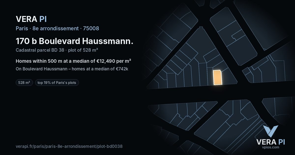 170 b Boulevard Haussmann, 8e arrondissement at night – the plot lit, the parcels around coloured by the prices near them