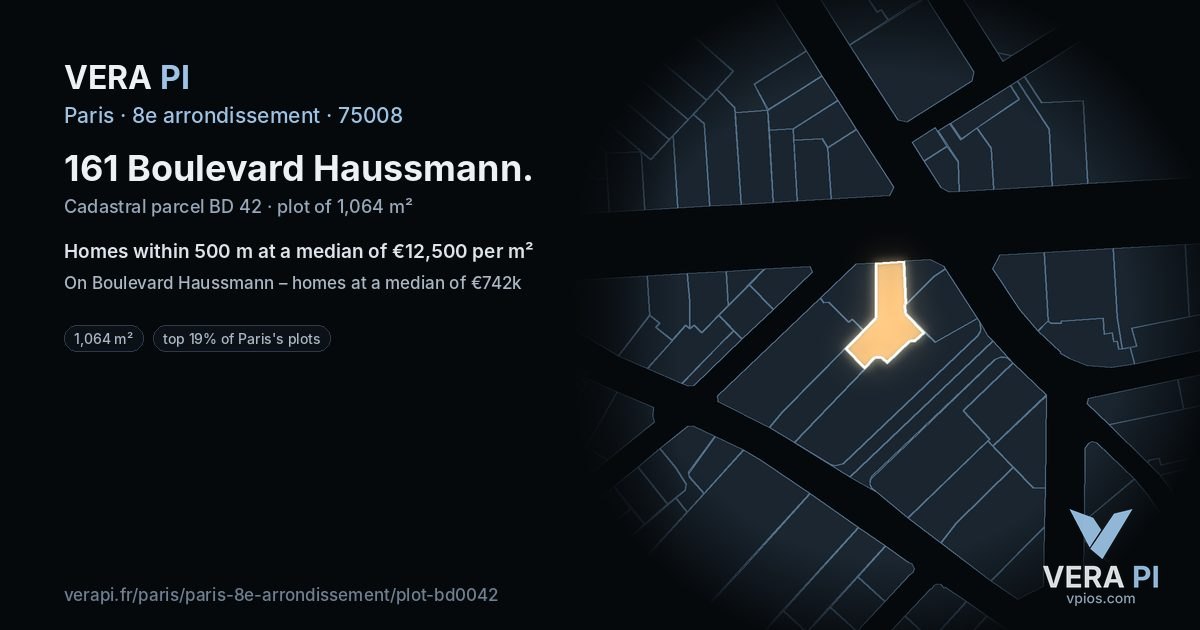 161 Boulevard Haussmann, 8e arrondissement at night – the plot lit, the parcels around coloured by the prices near them
