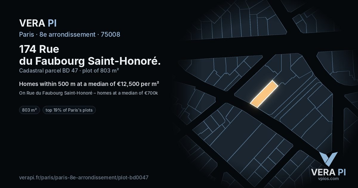 174 Rue du Faubourg Saint-Honoré, 8e arrondissement at night – the plot lit, the parcels around coloured by the prices near them
