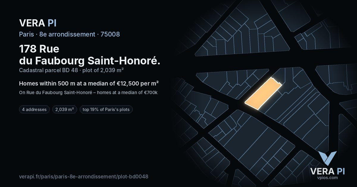 178 Rue du Faubourg Saint-Honoré, 8e arrondissement at night – the plot lit, the parcels around coloured by the prices near them