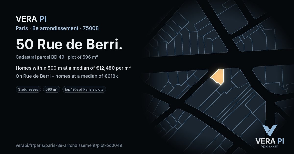 50 Rue de Berri, 8e arrondissement at night – the plot lit, the parcels around coloured by the prices near them