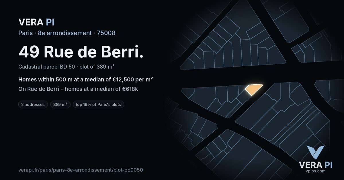 49 Rue de Berri, 8e arrondissement at night – the plot lit, the parcels around coloured by the prices near them