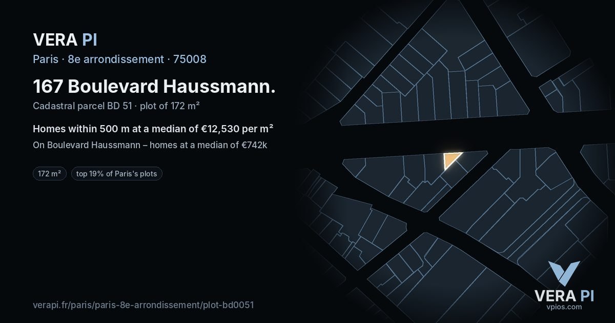 167 Boulevard Haussmann, 8e arrondissement at night – the plot lit, the parcels around coloured by the prices near them