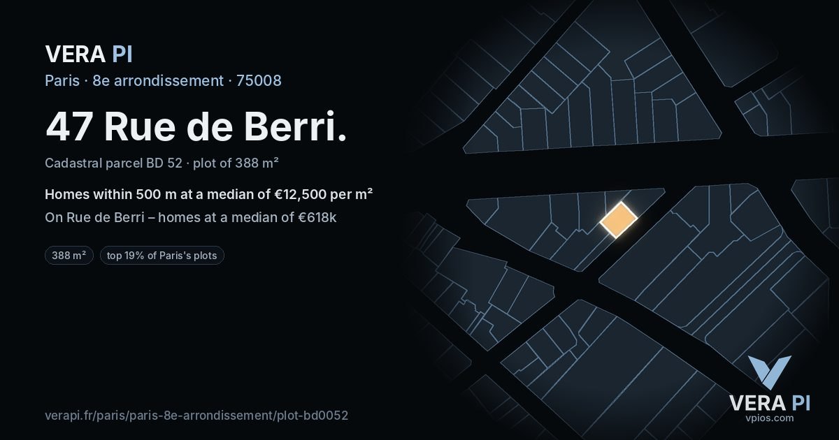 47 Rue de Berri, 8e arrondissement at night – the plot lit, the parcels around coloured by the prices near them