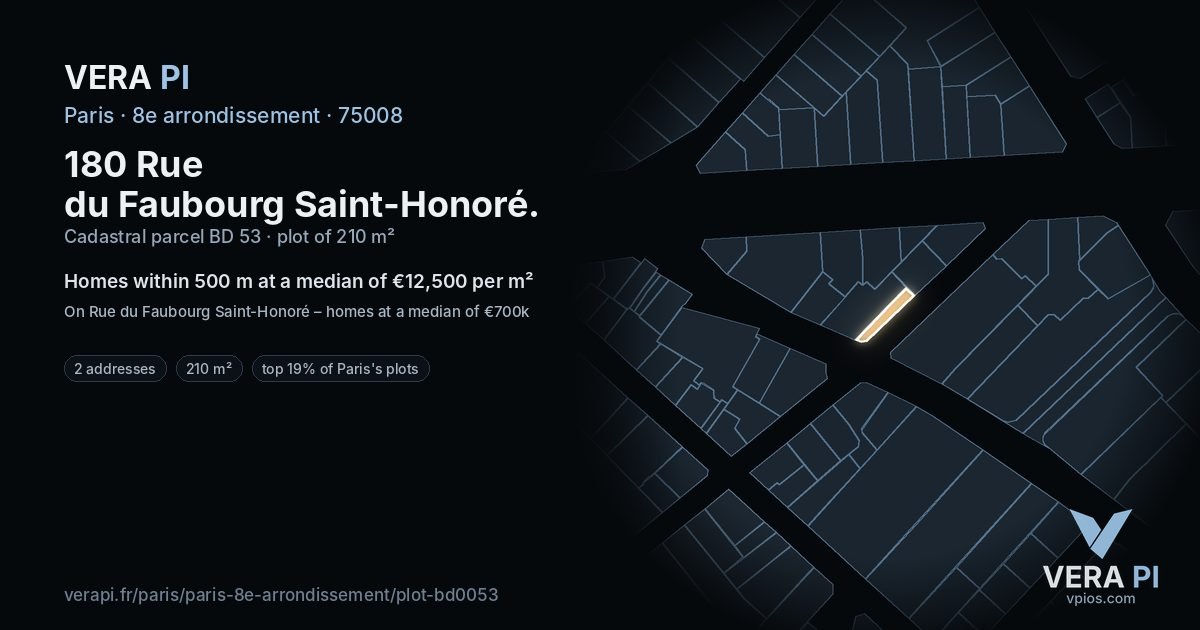 180 Rue du Faubourg Saint-Honoré, 8e arrondissement at night – the plot lit, the parcels around coloured by the prices near them