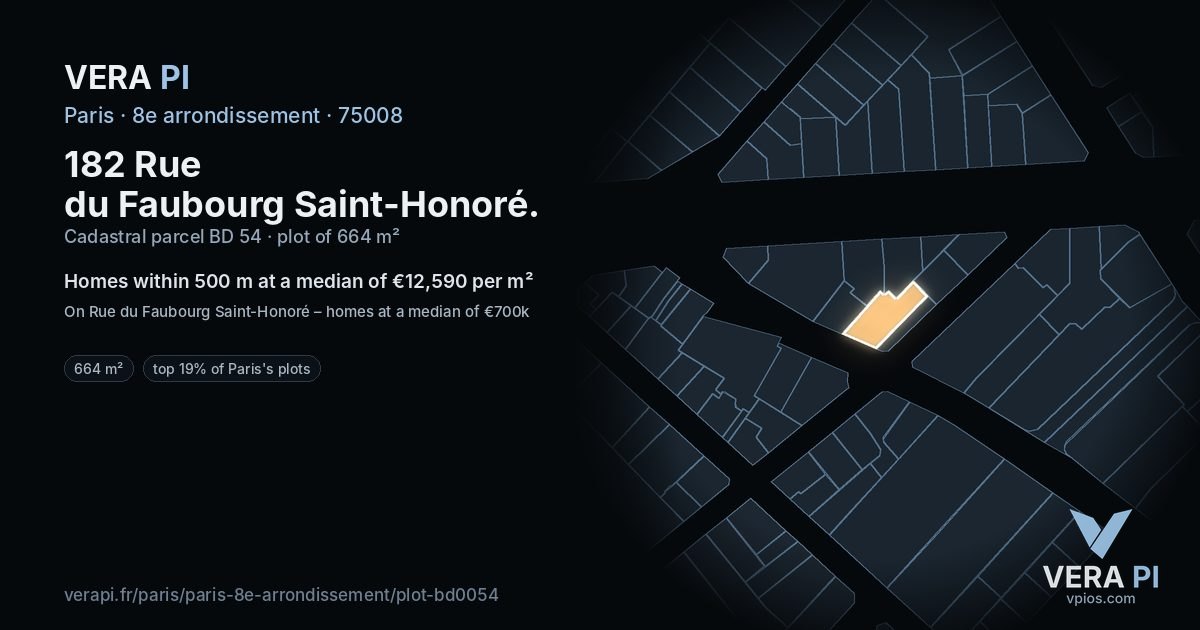 182 Rue du Faubourg Saint-Honoré, 8e arrondissement at night – the plot lit, the parcels around coloured by the prices near them