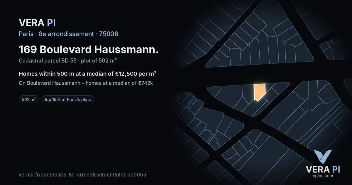 169 Boulevard Haussmann, 8e arrondissement at night – the plot lit, the parcels around coloured by the prices near them